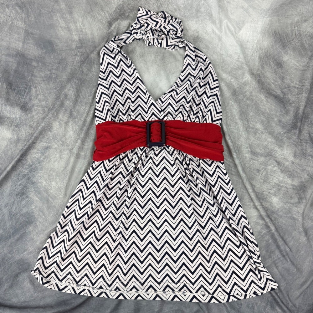 Y2K Fang Halter Top XL Navy White Chevron Red Buckle Waist Tie Back Made USA